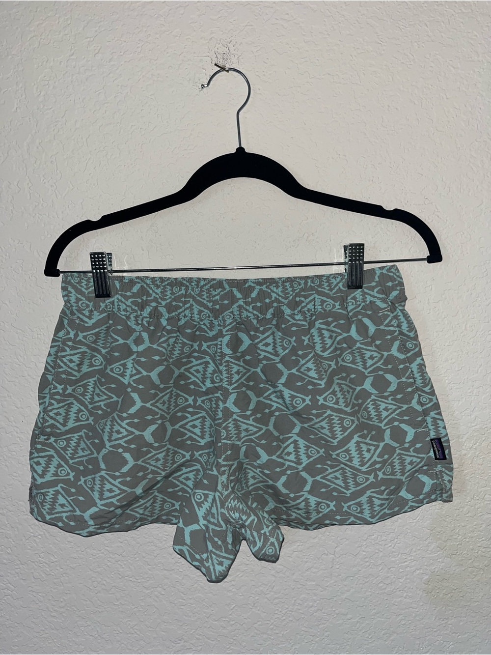 Patagonia teal and gray ikat fish pattern barely baggies shorts
